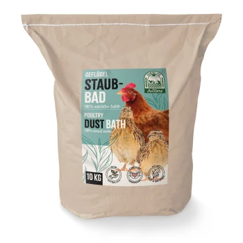 Staubbad für Hühner 10kg Sack mit Staubbadprodukt für Geflügel, mit einem Huhn und zwei Wachteln, beschriftet mit "100% natürliche Zeolith", 10 kg, mit Symbolen für natürliche Inhaltsstoffe.