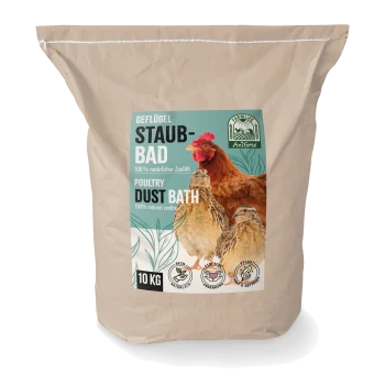 Sack mit Staubbadprodukt für Geflügel, mit einem Huhn und zwei Wachteln, beschriftet mit "100% natürliche Zeolith", 10 kg, mit Symbolen für natürliche Inhaltsstoffe.