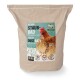 Sack mit Staubbadprodukt für Geflügel, mit einem Huhn und zwei Wachteln, beschriftet mit "100% natürliche Zeolith", 10 kg, mit Symbolen für natürliche Inhaltsstoffe.