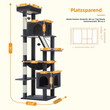 Schwarzer mehrstöckiger Katzenbaum mit beschrifteten Maßen, mit Plattformen, würfelförmigen Verstecken und hängendem Spielzeug, 180cm hoch.