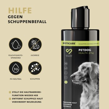 Shampoo-Flasche "PETDOG HEALTH 2114" für Hunde, mit Symbolen für Feuchtigkeitspflege, Juckreizlinderung, pH-neutral und Schuppenbekämpfung.