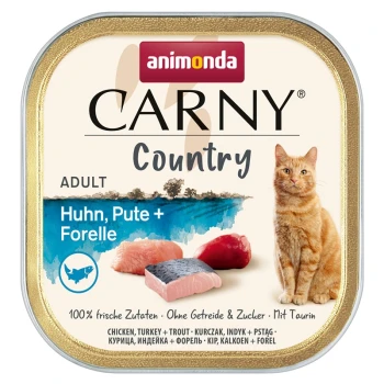 Carny nourriture humide pour chat adulte Country poulet, dinde et truite 32x100 g Une boîte de nourriture pour chats Animonda Carny Country avec un chat orange duveteux, étiquetée "Huhn, Pute + Forelle" et "100% frische Zutaten."