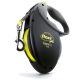 Laisse rétractable pour chien Black flexi Giant M de 8m de longueur, avec une bande jaune et un clip en métal robuste.