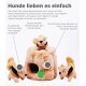 Plüschbaumstumpfspielzeug mit zwei abnehmbaren Eichhörnchen, mit einem Loch zum Verstecken. Der Text hebt den Spaß für Hunde und zusätzliche Eichhörnchen hervor.