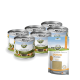 Sechs Dosen "Landgut-Menü Insekten" Tiernahrung und ein Beutel "Immuns Pulver" Immunpulver für Haustiere, mit einem Design einer grasbewachsenen Landschaft.
