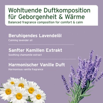 Etikett mit Aufschrift „comfort & calm“ und Lavendel- sowie Kamillenblüten; listet Lavendelöl, Kamillenextrakt und Vanille auf.