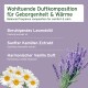 Etikett mit Aufschrift „comfort & calm“ und Lavendel- sowie Kamillenblüten; listet Lavendelöl, Kamillenextrakt und Vanille auf.