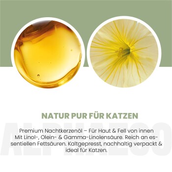 Nahaufnahmen von goldenem Öl und einer gelben Blume mit deutschem Text über Premium-Nachtkerzenöl für Katzen.