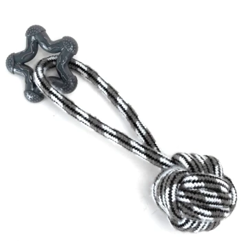 Ein schwarz-weiß gestreiftes Hundespielzeug mit einem gummierten sternförmigen Griff und einem geknoteten Seilball am Ende.