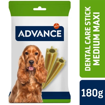 Bâton de soins dentaires avancés pour chiens, taille maxi moyenne, 180g, présentant trois bâtons dentaires sur l'emballage.