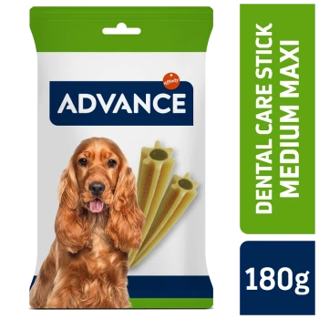 Bâton de soins dentaires avancés pour chiens, taille maxi moyenne, 180g, présentant trois bâtons dentaires sur l'emballage.