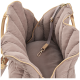 Soft padded taupe pet carrier bag with beige trim and adjustable leash clip inside.