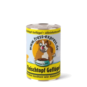 Dose Hundefutter mit Aufschrift „Fleischtopf Geflügel“ zeigt einen Cartoon-Bulldoggen mit Futterschüssel, „www.fress-express.de“ und „Premium-Qualität“.