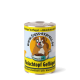 Dose Hundefutter mit Aufschrift „Fleischtopf Geflügel“ zeigt einen Cartoon-Bulldoggen mit Futterschüssel, „www.fress-express.de“ und „Premium-Qualität“.