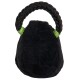 Jouet en peluche noir pour animaux en forme de sac, avec une poignée tressée et un accent vert, avec une texture matelassée.