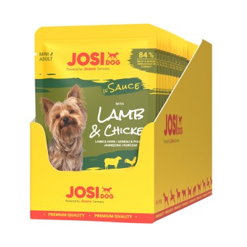 JosiDog Mini Adult Nassfutter für Hunde mit Lamm und Huhn in Sauce, 84 % Fleisch, gelbe Verpackung mit kleinem Hundeabbild.