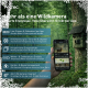 Hand hält ein Telefon mit der PetTec-App neben einer am Baum montierten Wildkamera im Wald; deutsche Überschrift 'Mehr als eine Wildkamera'.