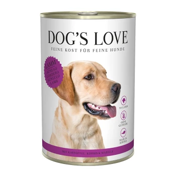Dosen-Hundefutter mit der Aufschrift "DOG'S LOVE" mit Lamm, getreidefrei und hergestellt in Österreich, mit einem lila "Lamm"-Aufkleber.