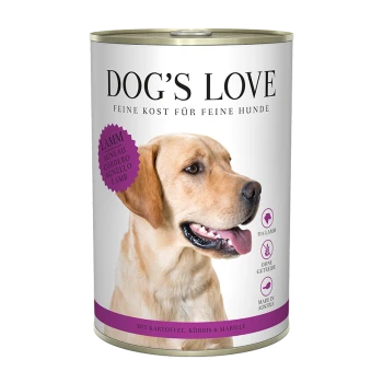 Dosen-Hundefutter mit der Aufschrift "DOG'S LOVE" mit Lamm, getreidefrei und hergestellt in Österreich, mit einem lila "Lamm"-Aufkleber.