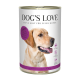 Dosen-Hundefutter mit der Aufschrift "DOG'S LOVE" mit Lamm, getreidefrei und hergestellt in Österreich, mit einem lila "Lamm"-Aufkleber.