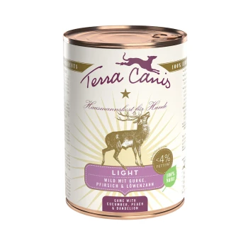 Dose Terra Canis Hundefutter, gekennzeichnet mit 'Light' und Wildfleisch, Gurke, Pfirsich und Löwenzahn; mit einer Silhouette eines Rehs.
