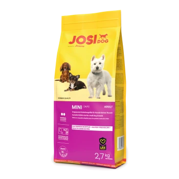 JosiDog Mini Adult Hundefutterbeutel für kleine Rassen, glutenfreie Rezeptur, 2,7 kg, deutsche Qualität, mit Bildern von drei kleinen Hunden.