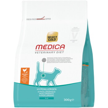 Select Gold Medica Veterinary Diet kattenvoerzak, hypoallergeen 300 g, wit en turquoise met kattensilhouet