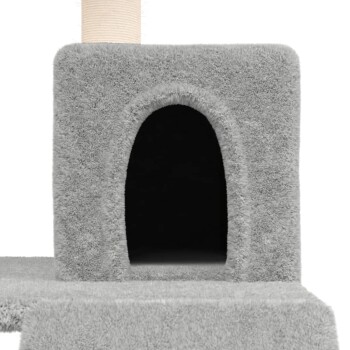 Grauer Katzenbaum mit plüschiger, weicher Textur und einem dunklen, gemütlichen Versteck-Eingang.