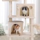 Zwei Katzen, eine grau-weiße und eine orangefarbene Tabby, spielen auf einem beigen Katzenbaum mit mehreren Ebenen und Verstecken.