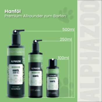 Ein Behälter mit ALPHAZOO Hanföl für Haustiere, beschriftet mit "Hanföl", mit einem Pfotenabdruck-Design und Vorteilen für die Immunität und BARF-Diät.