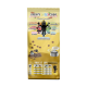 Gelbe Haustierfuttertüte mit der Aufschrift "Lucky's Food Code" mit einer Cartoon-Schwarzen Katze, die Vorteile wie "Aktive Kraft" und "Darmgesundheit" hervorhebt.