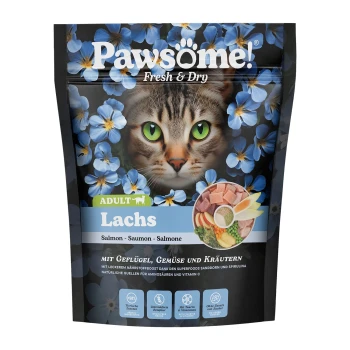 Pawsöme! Frische & Trockenfutter-Tüte für Katzen mit dem Gesicht einer Katze, umgeben von blauen Blumen, beschriftet mit 'ADULT Lachs' und Zutaten aus Lachs und Gemüse.
