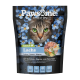 Pawsöme! Frische & Trockenfutter-Tüte für Katzen mit dem Gesicht einer Katze, umgeben von blauen Blumen, beschriftet mit 'ADULT Lachs' und Zutaten aus Lachs und Gemüse.
