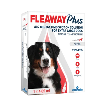 Box of FLEAWAY Plus 402 MG/361.8 MG spot-on solution for extra large dogs, 1 x 4.02 ml, treats fleas, ticks, biting lice