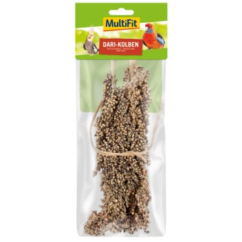 Alimentation pour oiseaux MultiFit Dari-Kolben, présentant des épis de graines de sorgho séchées, emballée dans un sac transparent avec un en-tête vert et des images colorées d'oiseaux.