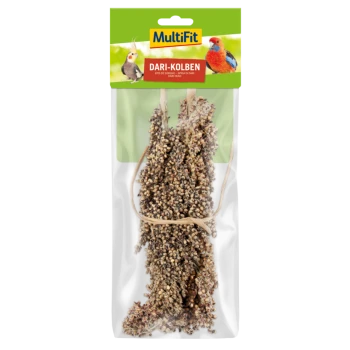 MultiFit Dari-Kolben Vogelfutter, mit getrockneten Sorghumkörnern, verpackt in einer klaren Tüte mit grünem Header und bunten Vogelbildern.