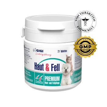 Behälter mit GIGI Haut & Fell Tabletten für Haustiere, mit einem weißen Hund und einer Katze auf dem Etikett, mit den Aufdrucken "21 Tabletten" und "GMP-zertifiziert."