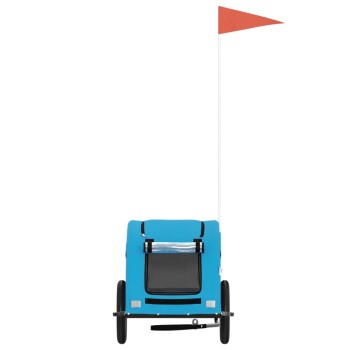 Blauer Haustieranhänger mit einem transparenten Fenster und einer roten Sicherheitsflagge, entworfen für den Transport von Haustieren.