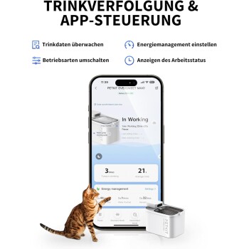 Katze interagiert mit PETKIT Eversweet Max1 Smart-Wasserbrunnen und App, die Trinkverfolgung und Energiemanagement zeigt.
