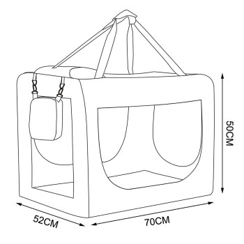 Linienzeichnung eines Haustierträgers mit Abmessungen: 70 cm Breite, 52 cm Tiefe, 50 cm Höhe, mit zwei seitlichen Öffnungen und einem Schultergurt.