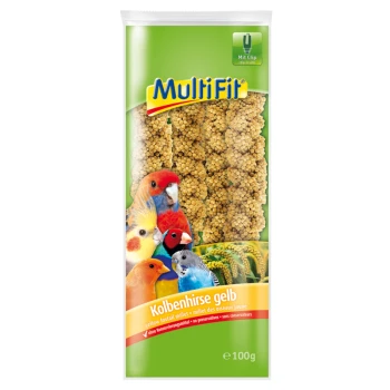 A package of MultiFit yellow foxtail millet for birds, featuring colorful birds on the front and the text "Kolbenhirse gelb" and "no preservatives."