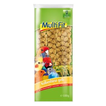 Un paquet de millet jaune MultiFit pour oiseaux, avec des oiseaux colorés sur le devant et le texte "Kolbenhirse gelb" et "sans conservateurs."