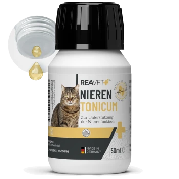 Flasche REAVET Nieren Tonicum für Katzen, 50ml, mit einer getigerten Katze auf dem Etikett und dem Text 'Zur Unterstützung der Nierenfunktion.'
