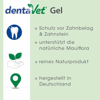 Produktbild von dentaVet Gel mit Vorteilen: schützt vor Plaque und Zahnstein, unterstützt die natürliche Mundflora, reines Naturprodukt, hergestellt in Deutschland.