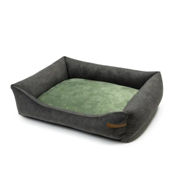 SoftColor Bett Khaki grün M Ein plüschiges Haustierbett mit einem dunkelgrauen Äußeren und einem weichen grünen Inneren, mit einem kleinen braunen Etikett an der Seite.