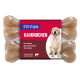 Verpackung von Kaustangen mit einem Golden Retriever, beschriftet "FIT+FUN KAUKNOCHEN" mit Text in mehreren Sprachen, zeigt zwei Kaustangen.