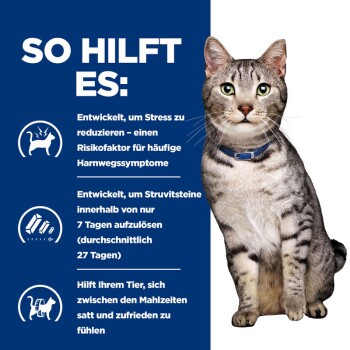 Eine getigerte Katze sitzt rechts vor einem blauen Hintergrund und listet Vorteile auf: Stressabbau, Struvitsteinauflösung und Sättigung nach der Mahlzeit.