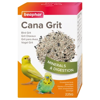 Beaphar Cana Grit Verpackung für Vögel, die eine Mischung aus Mineralien für die Verdauung zeigt, mit Bildern eines gelben Kanarienvogels und eines grünen Wellensittichs.