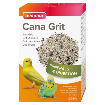 Beaphar Cana Grit Verpackung für Vögel, die eine Mischung aus Mineralien für die Verdauung zeigt, mit Bildern eines gelben Kanarienvogels und eines grünen Wellensittichs.