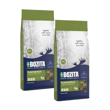 Dwie torby karmy dla psów Bozita Flavour Plus, każda 12 kg, z logo łosia, z 63% zawartością mięsa, i tekstem 'Together with nature since 1903.'